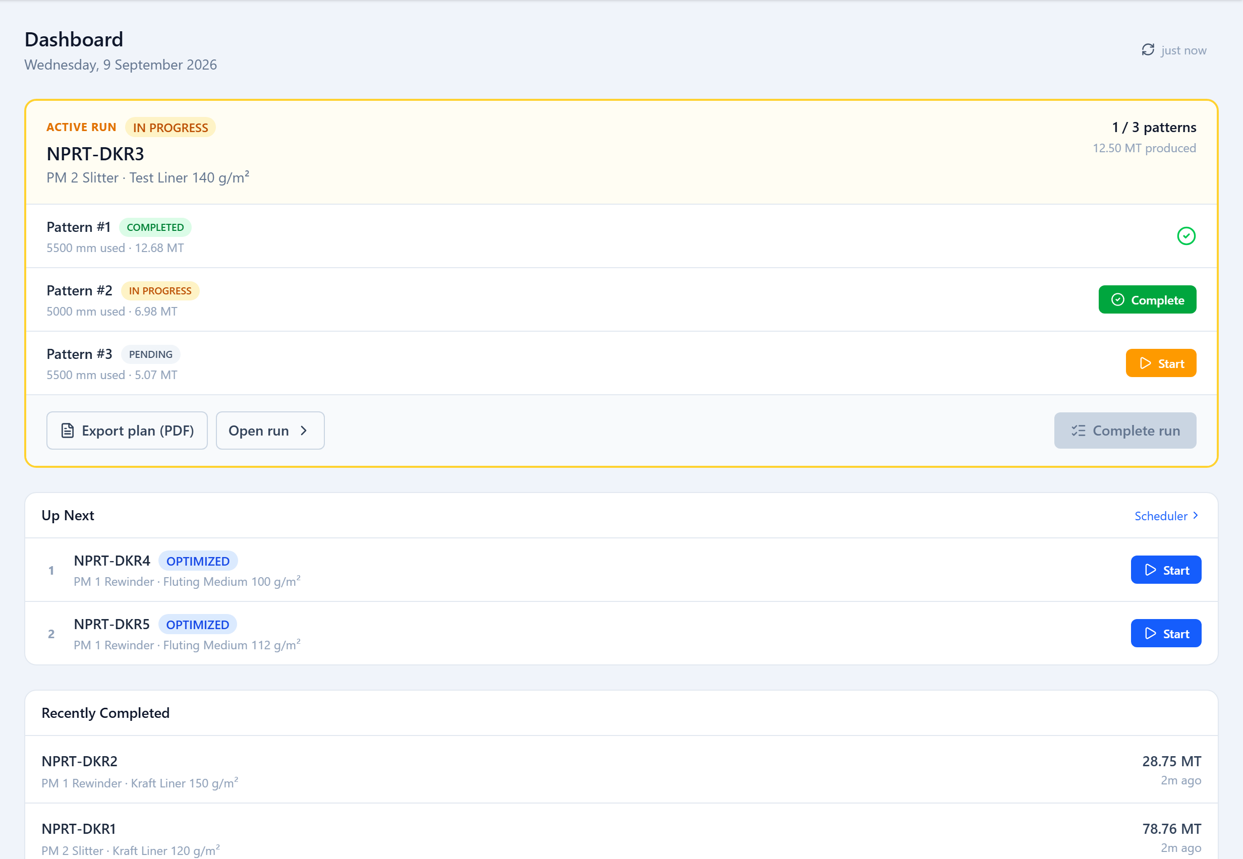 The Operator dashboard: an 'Active run' card with a pattern checklist (Start / Complete buttons), a 'Complete run' action, and an 'Up Next' queue