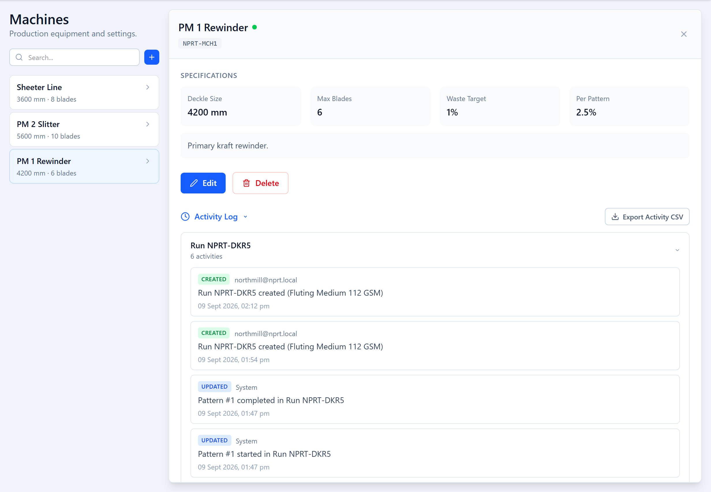 A machine detail panel: specification cards (Deckle Size, Max Blades, Waste Target, Per Pattern), Edit / Delete actions, and an expandable Activity Log grouped by run
