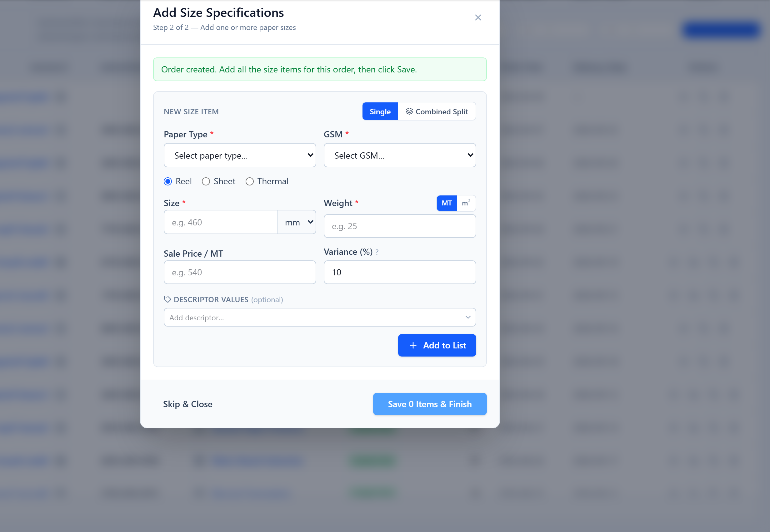 Orders → New Order: customer and order header, then an order-width row with width type, paper type, GSM, width, target weight (MT) and variance
