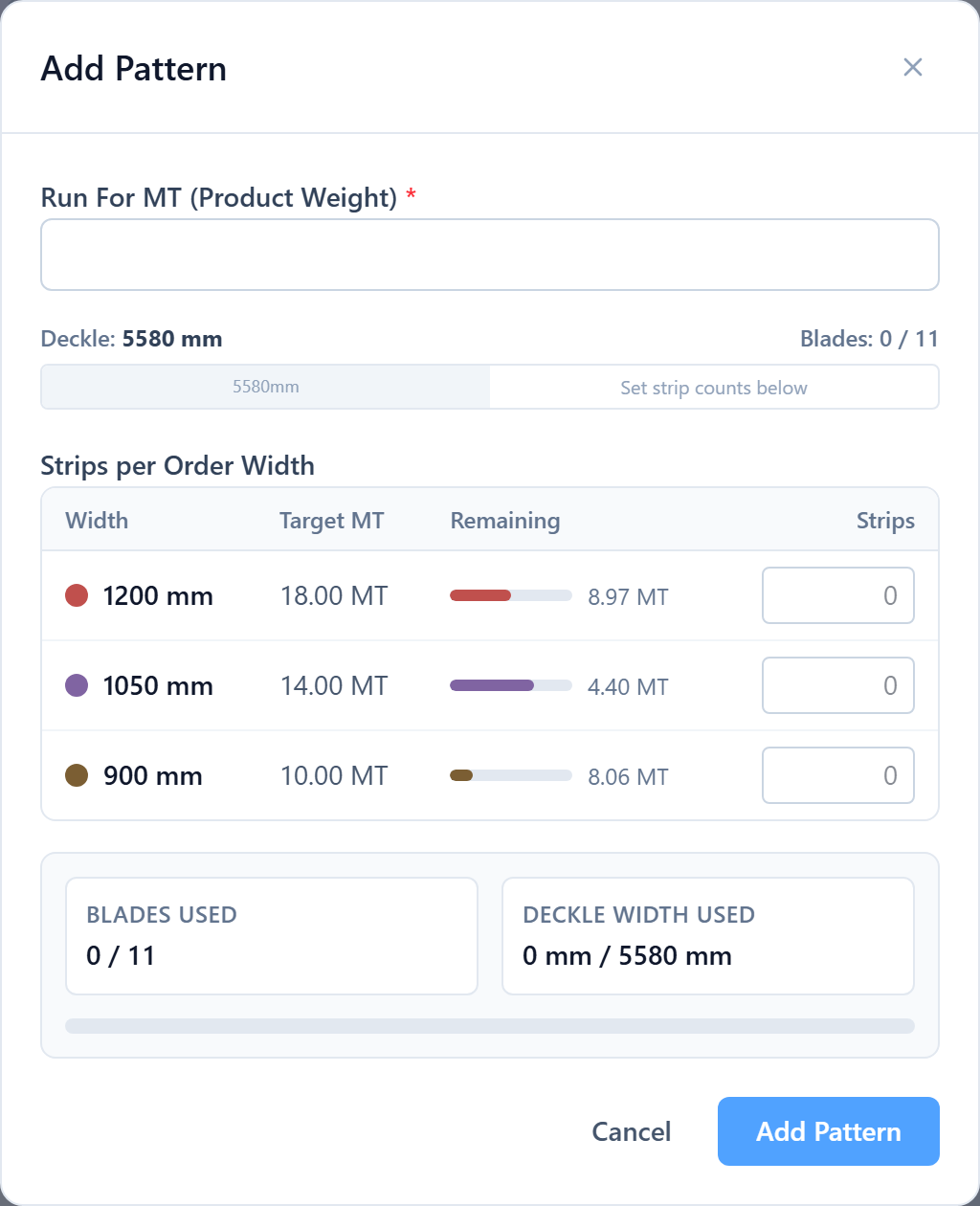 The Add Pattern builder: a strip layout bar across the available deckle, a list of the sandbox's widths to add as strips, and a live waste readout