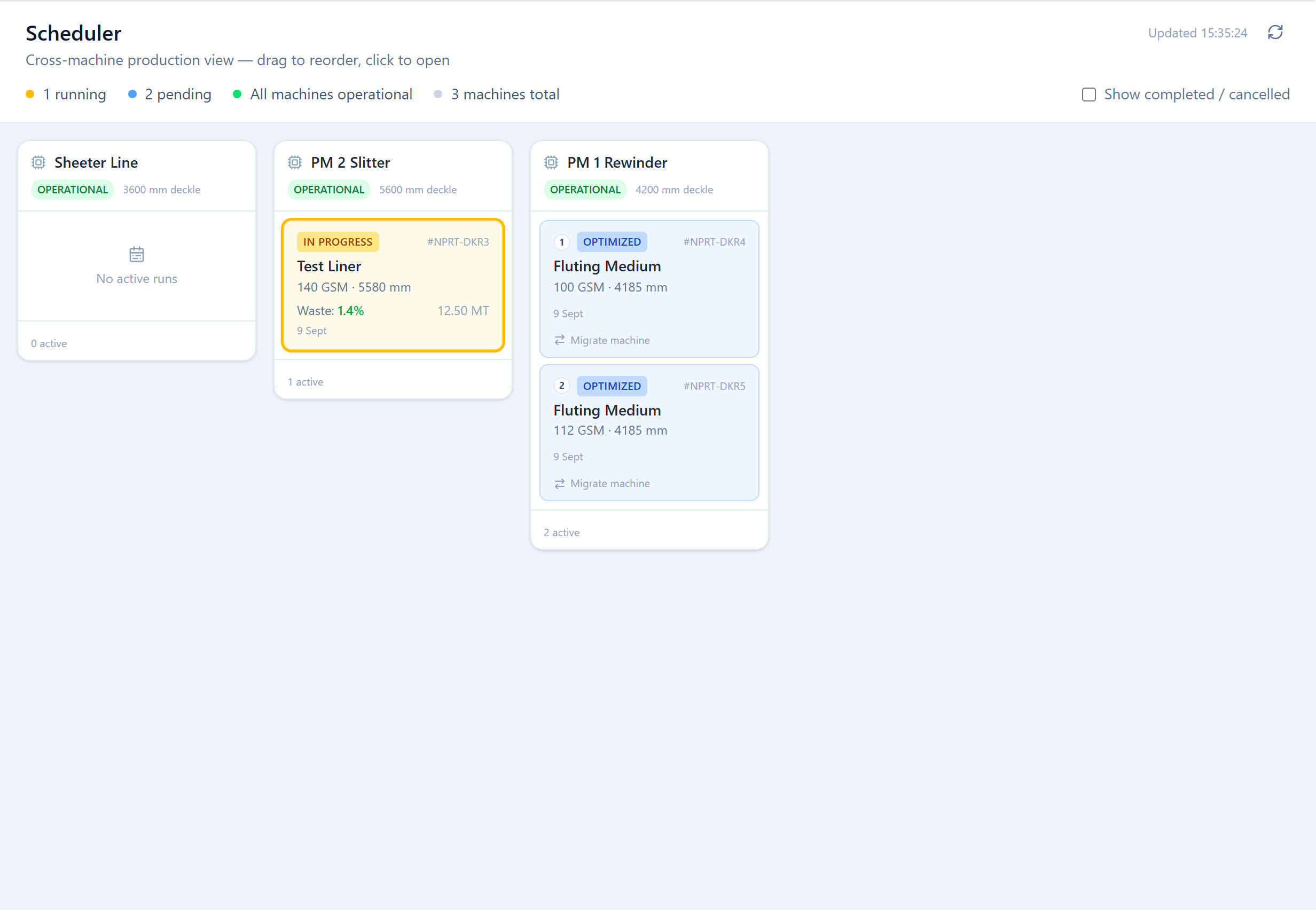 The Scheduler: a column per machine with run cards, a summary bar showing running / pending counts and machine status, and a 'Show completed / cancelled' toggle