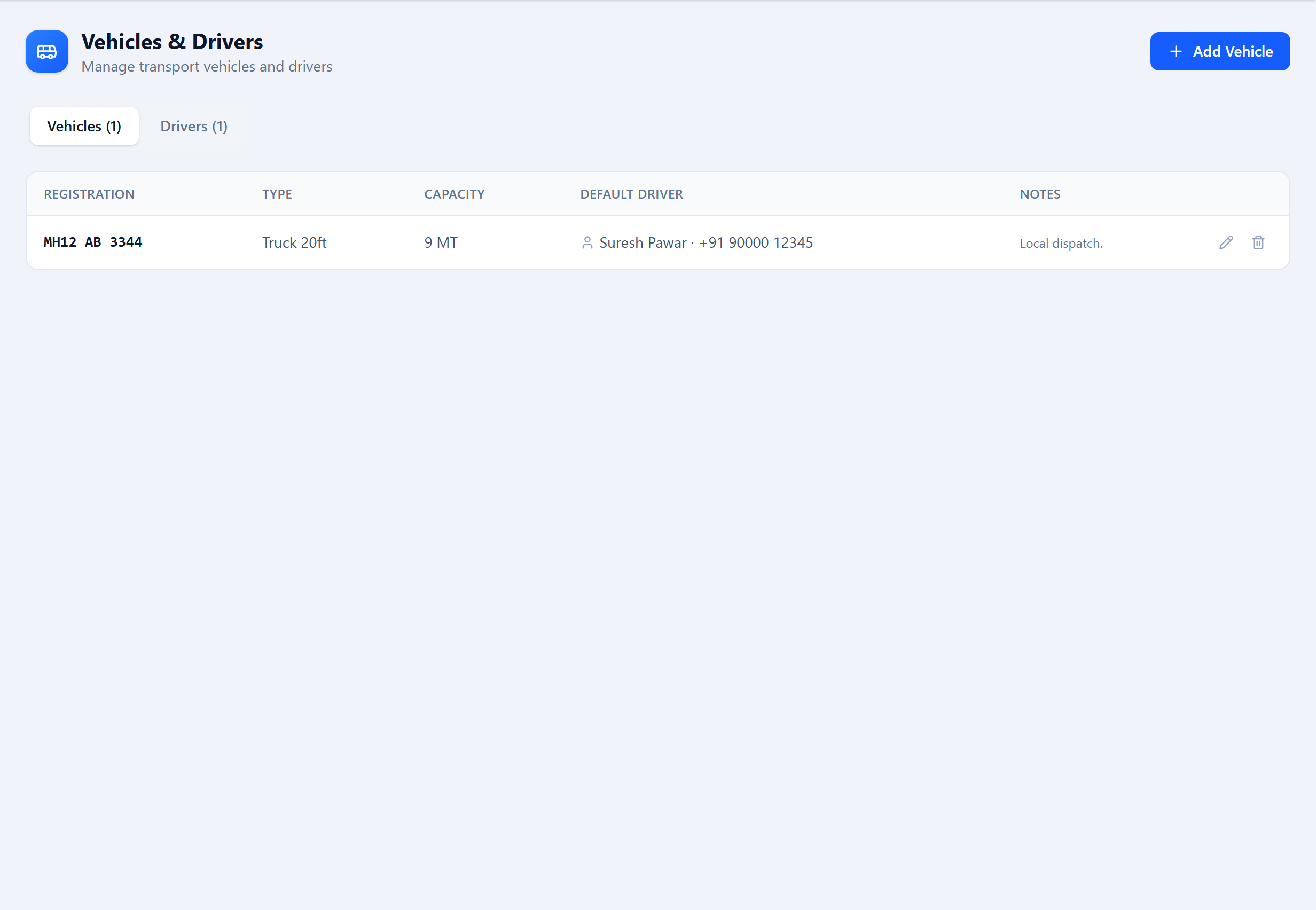 Dispatch → Vehicles: the Vehicles tab listing registration number, type and capacity, with an Add Vehicle form